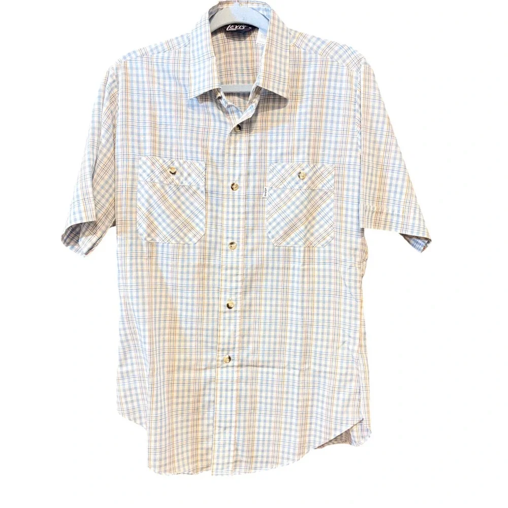 Vintage 1989 Levis White Tab Plaid Short Sleeve Shirt Made in USA Blue Tan Men M